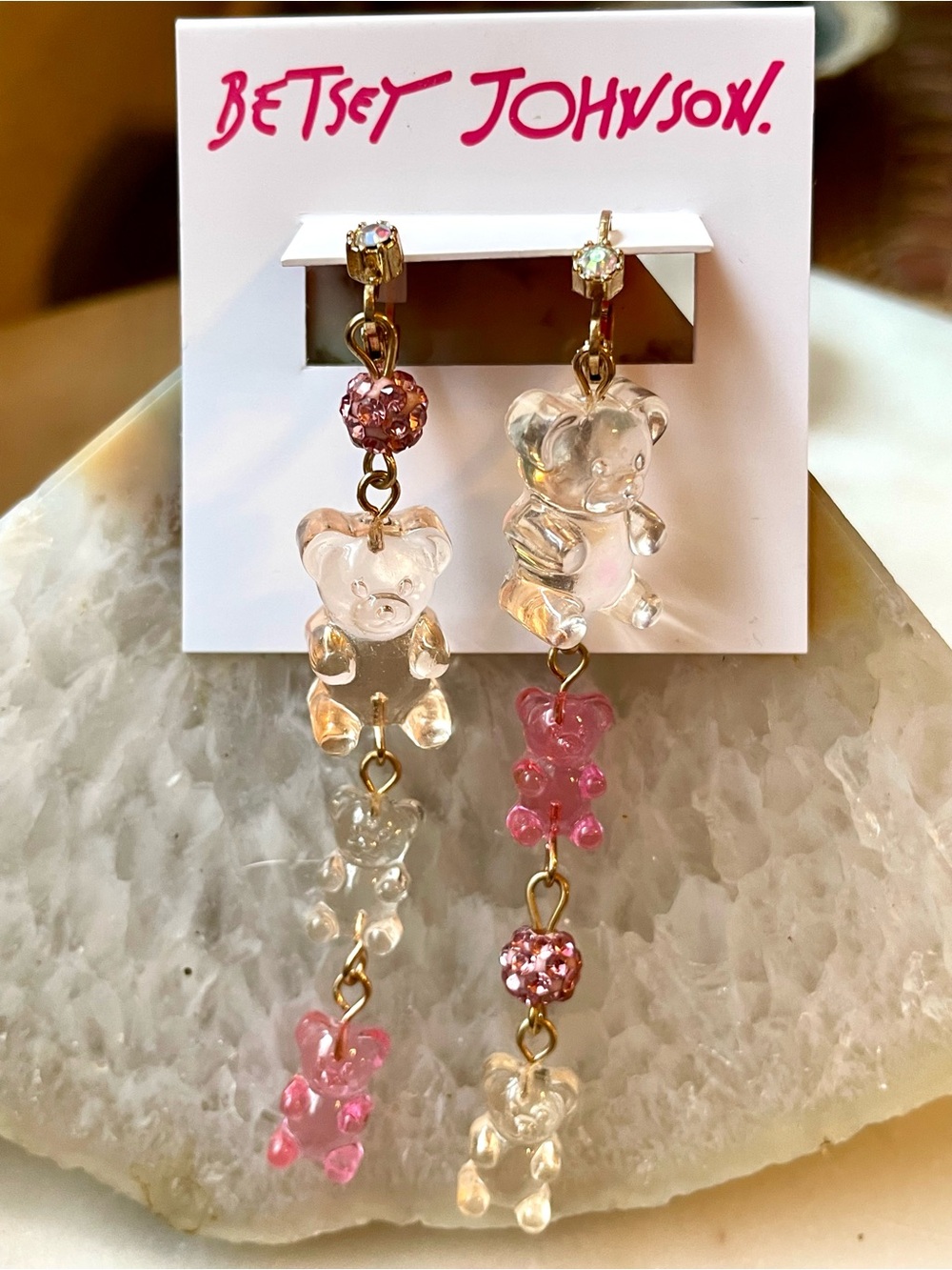 NWT Betsey Johnson Pink & Clear Gummy Bear Drop Earrings/ Asymmetrical Drop